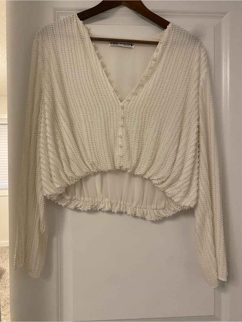 Zara Cream Beaded V-Neck Cropped Blouse with Button Front